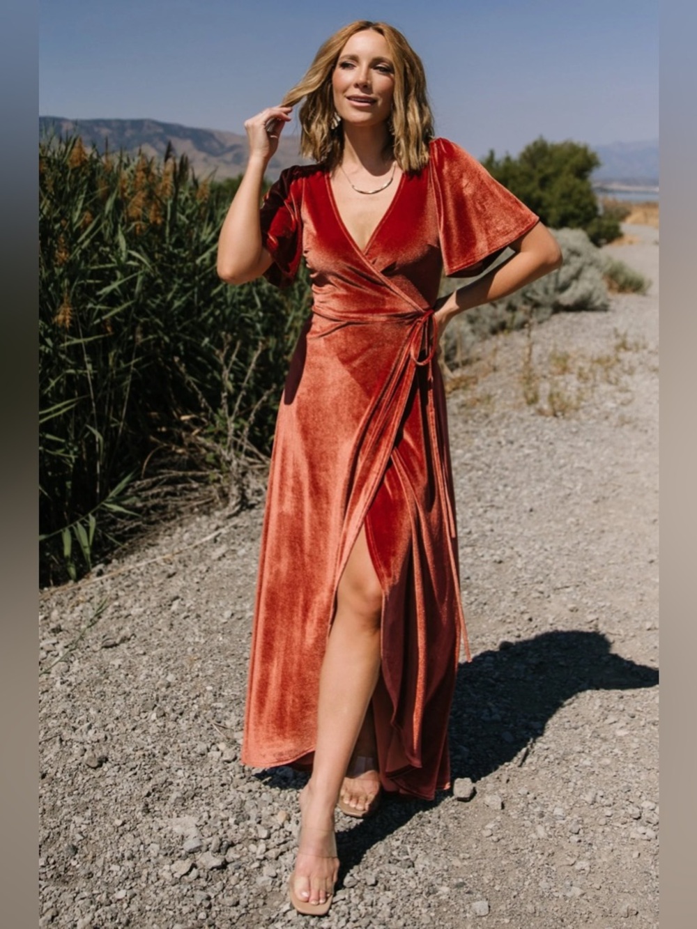 NWT Baltic Born Rust Orange Copper Katelyn Velvet Maxi Wrap Dress - Picture 2 of 6